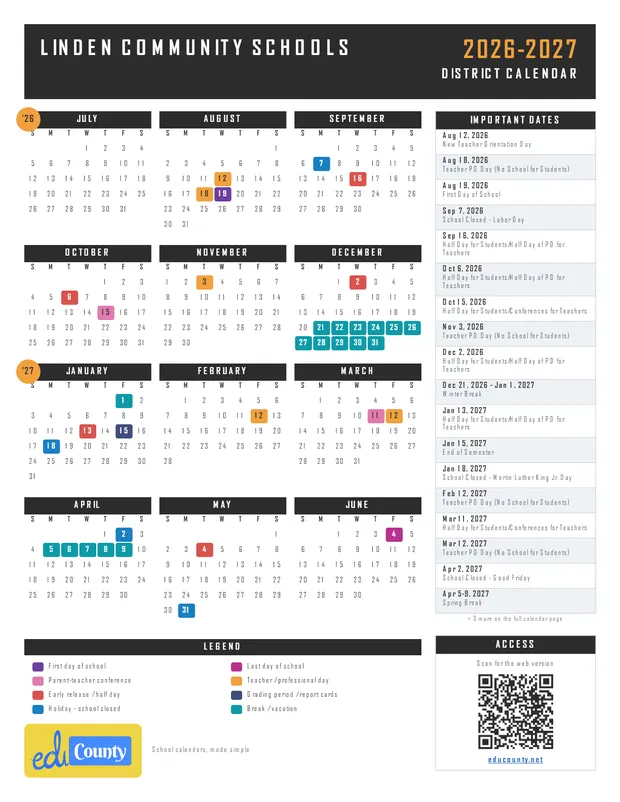 Linden Community Schools printable 2026-27 calendar