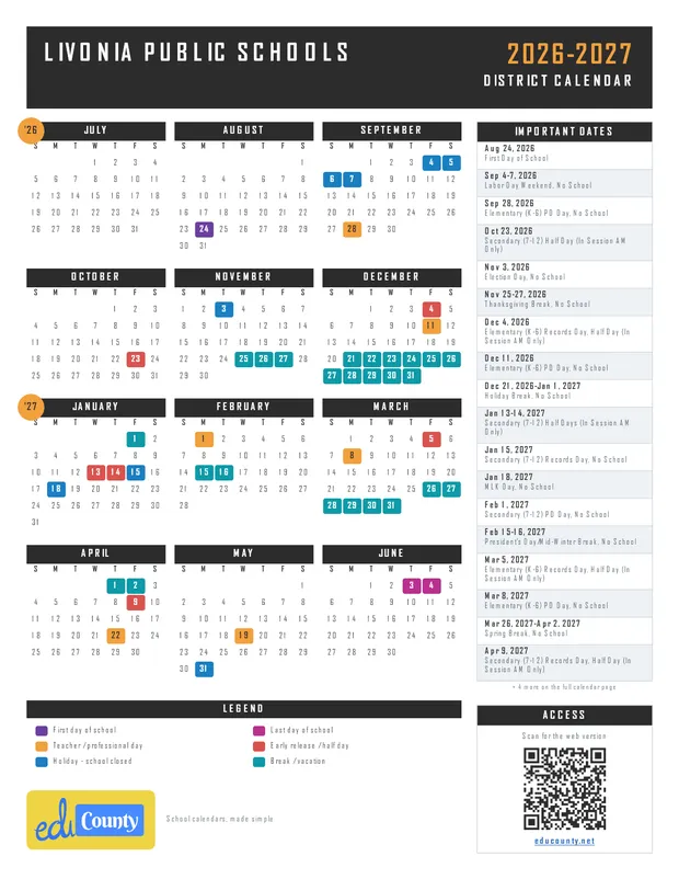 Livonia Public Schools printable 2026-27 calendar