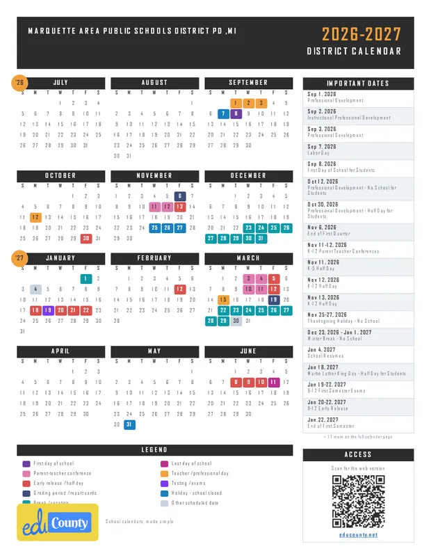 MARQUETTE AREA PUBLIC SCHOOLS DISTRICT PD printable 2026-27 calendar