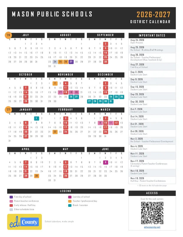 Mason Public Schools printable 2026-27 calendar