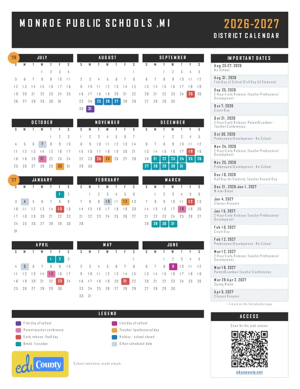 MONROE PUBLIC SCHOOLS printable 2026-27 calendar