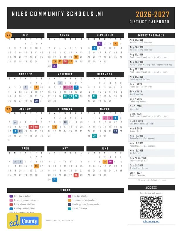 Niles Community Schools printable 2026-27 calendar