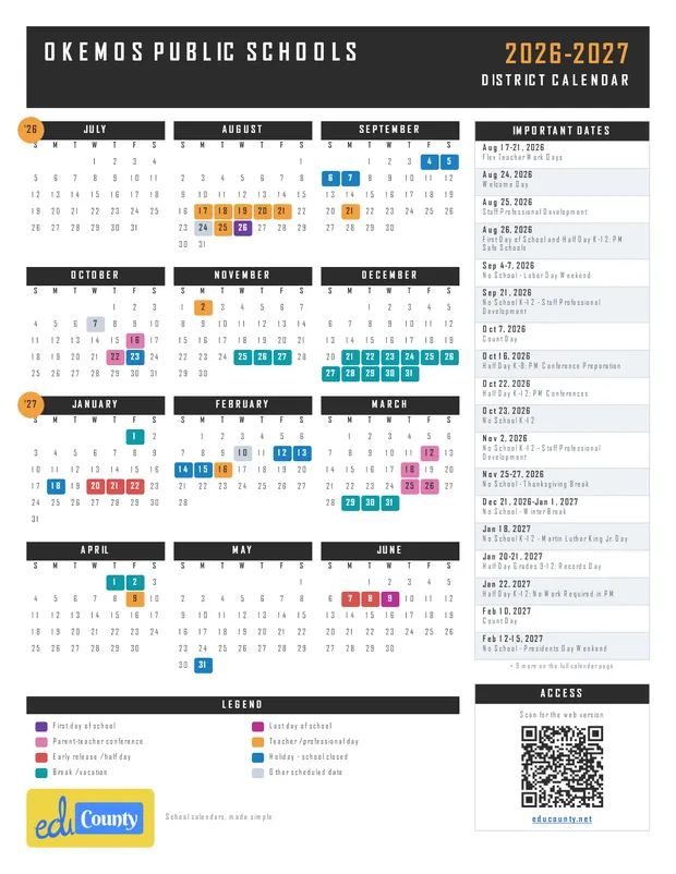 Okemos Public Schools printable 2026-27 calendar