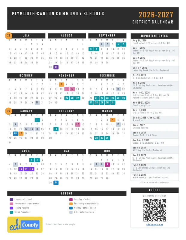 Plymouth-Canton Community Schools printable 2026-27 calendar