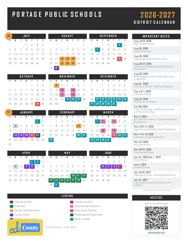 PORTAGE PUBLIC SCHOOLS printable 2026-27 calendar