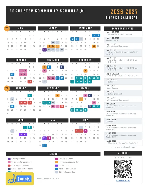 Rochester Community Schools printable 2026-27 calendar
