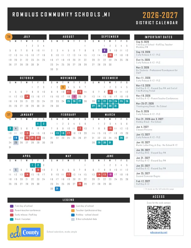 Romulus Community Schools printable 2026-27 calendar