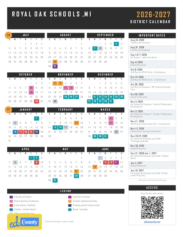 Royal Oak Schools printable 2026-27 calendar