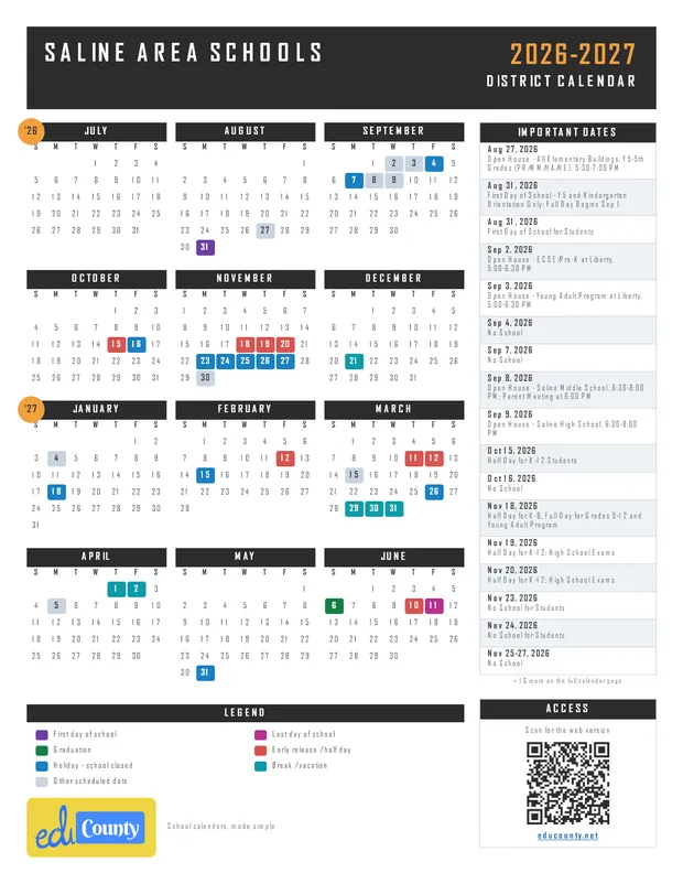 Saline Area Schools printable 2026-27 calendar