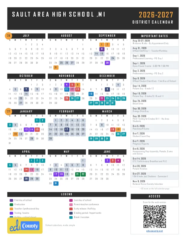 Sault Area High School printable 2026-27 calendar