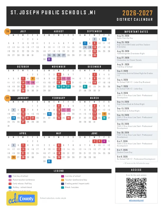 St. Joseph Public Schools printable 2026-27 calendar