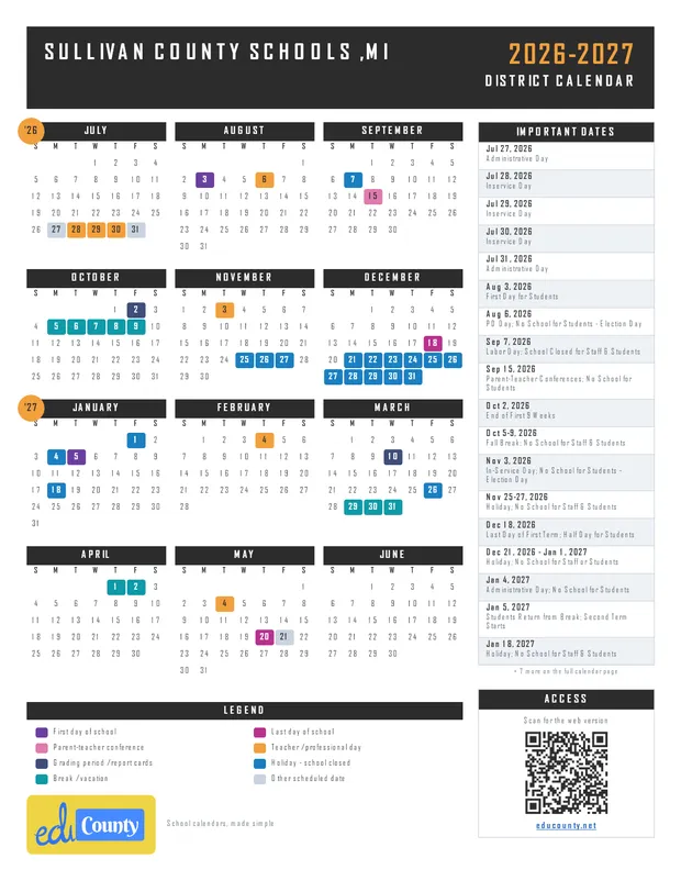 SULLIVAN COUNTY SCHOOLS printable 2026-27 calendar