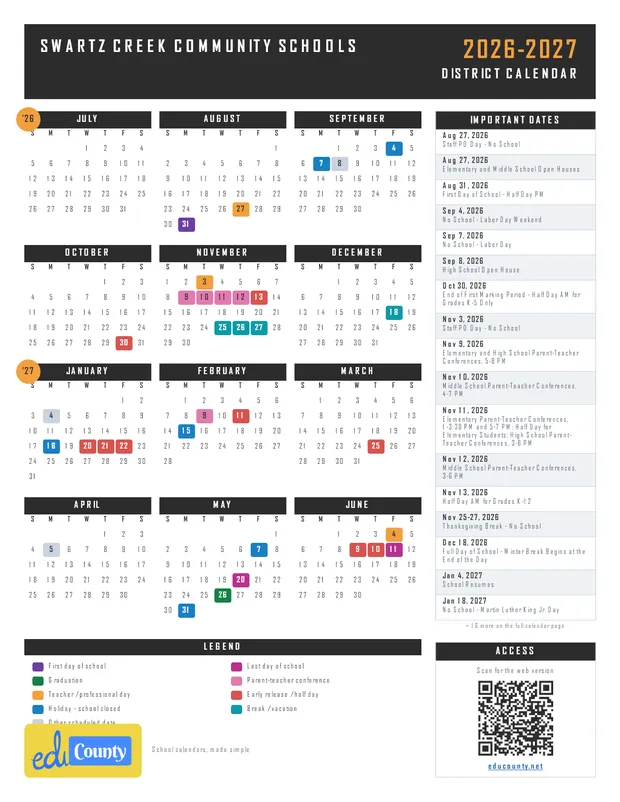 Swartz Creek Community Schools printable 2026-27 calendar