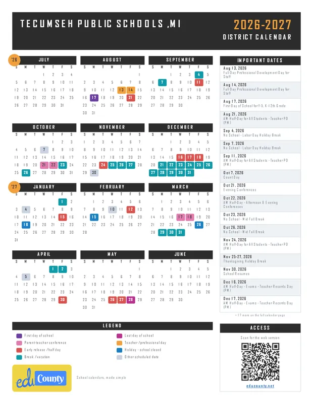 Tecumseh Public Schools printable 2026-27 calendar
