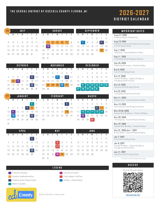 The School District of Osceola County, Florida printable 2026-27 calendar