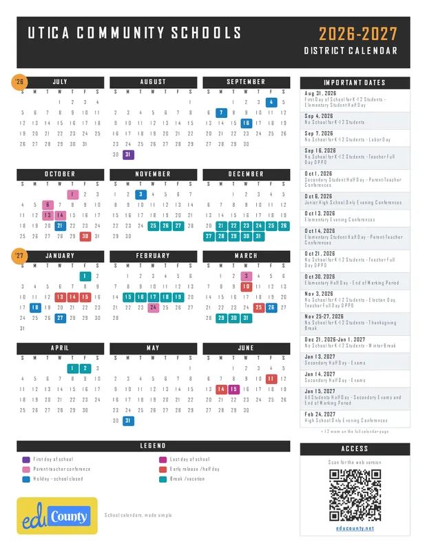 Utica Community Schools printable 2026-27 calendar