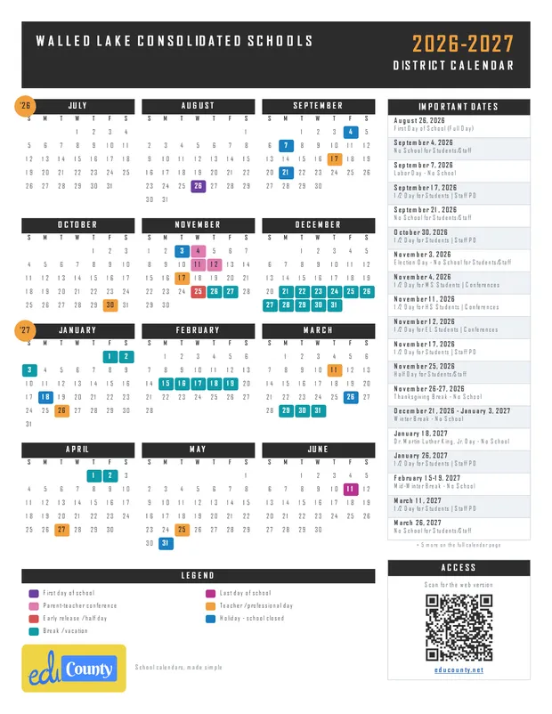 Walled Lake Consolidated Schools printable 2026-27 calendar