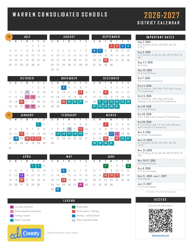 Warren Consolidated Schools printable 2026-27 calendar