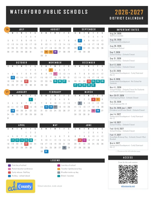 Waterford Public Schools printable 2026-27 calendar