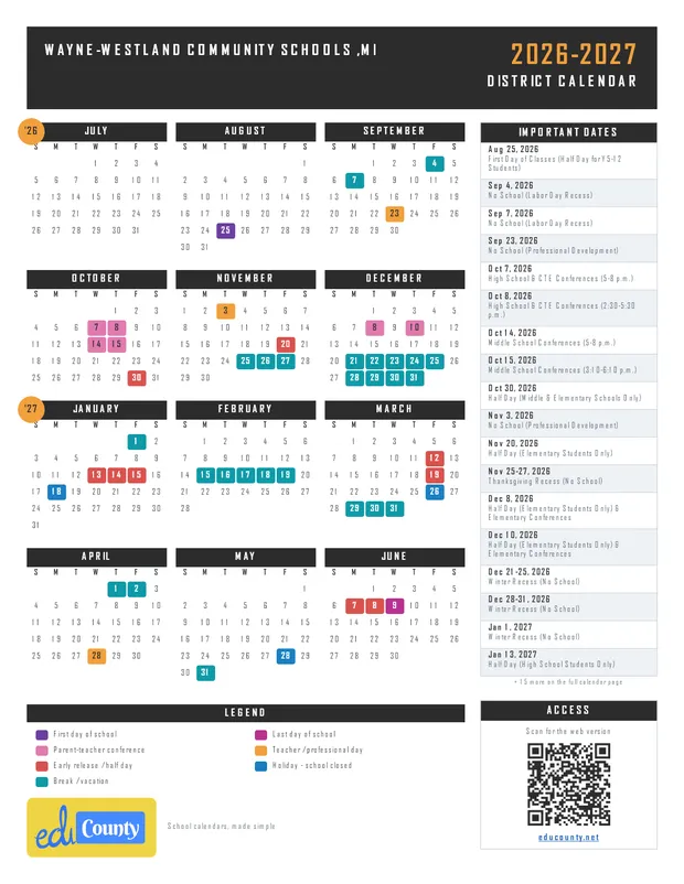 Wayne-Westland Community Schools printable 2026-27 calendar