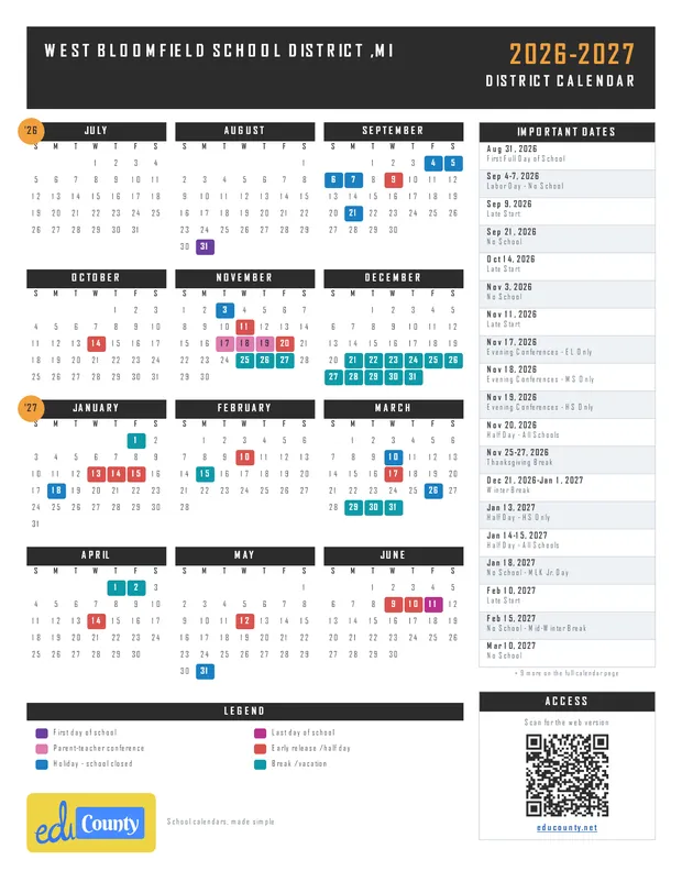 West Bloomfield School District printable 2026-27 calendar