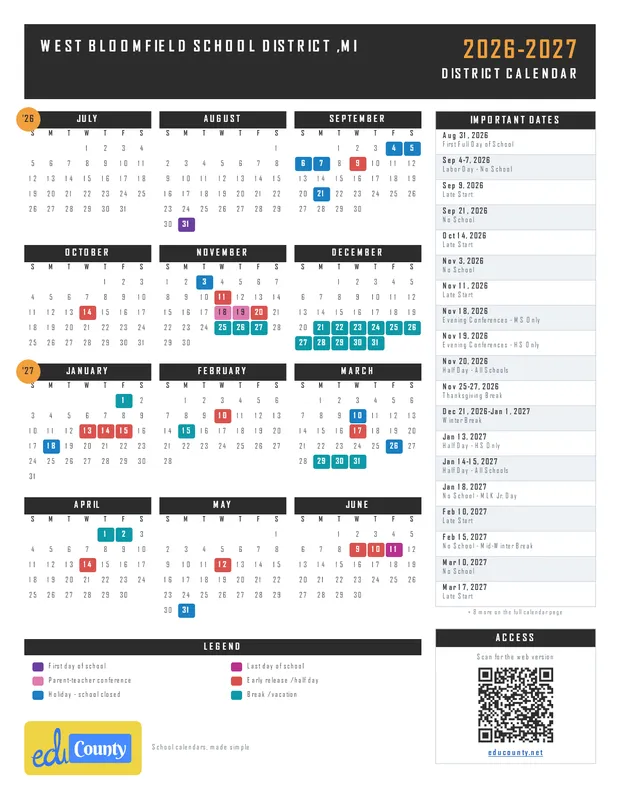 West Bloomfield School District printable 2026-27 calendar