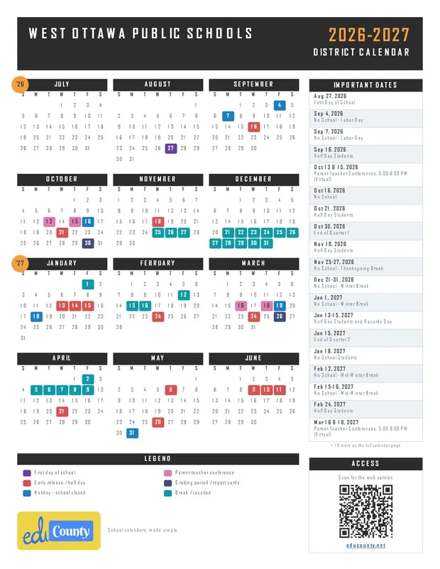 West Ottawa Public Schools printable 2026-27 calendar