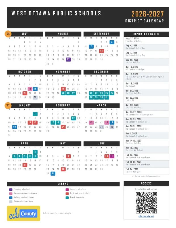 West Ottawa Public Schools printable 2026-27 calendar