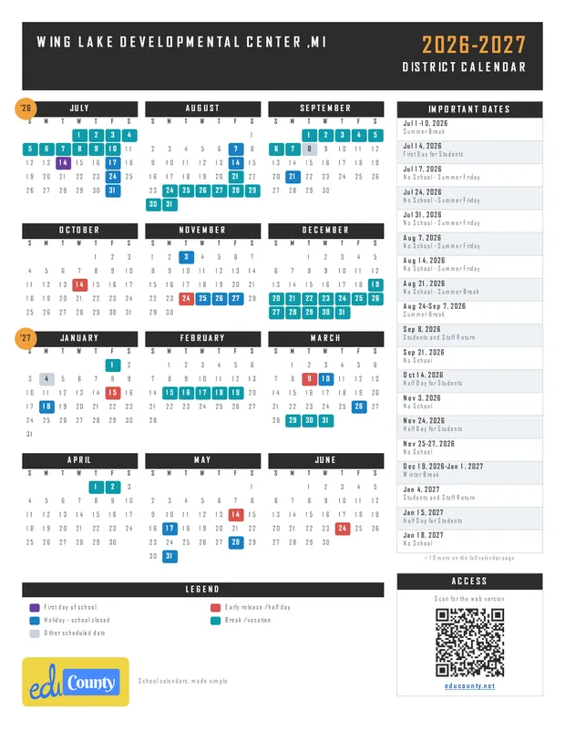 Wing Lake Developmental Center printable 2026-27 calendar