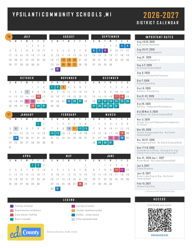 Ypsilanti Community Schools printable 2026-27 calendar