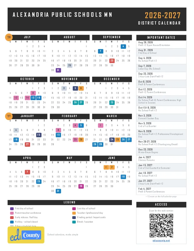 Alexandria Public Schools printable 2026-27 calendar