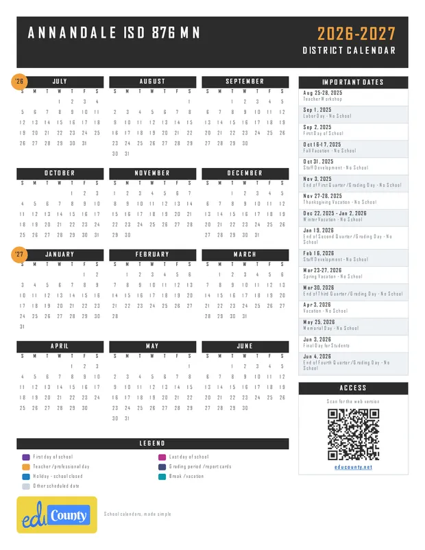 Annandale ISD 876 printable 2026-27 calendar