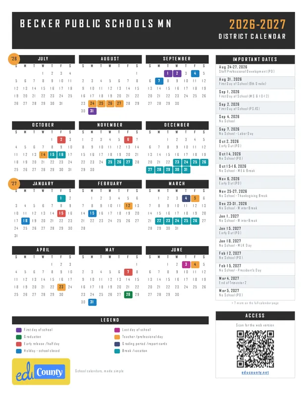 Becker Public Schools printable 2026-27 calendar