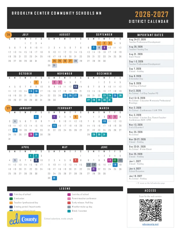 Brooklyn Center Community Schools printable 2026-27 calendar
