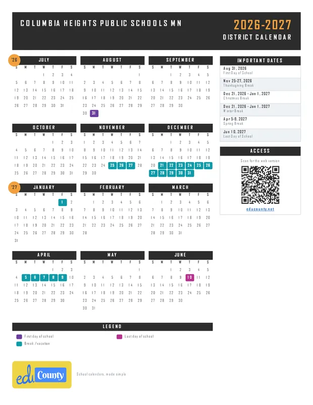Columbia Heights Public Schools printable 2026-27 calendar