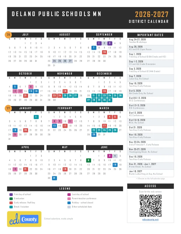 Delano Public Schools printable 2026-27 calendar