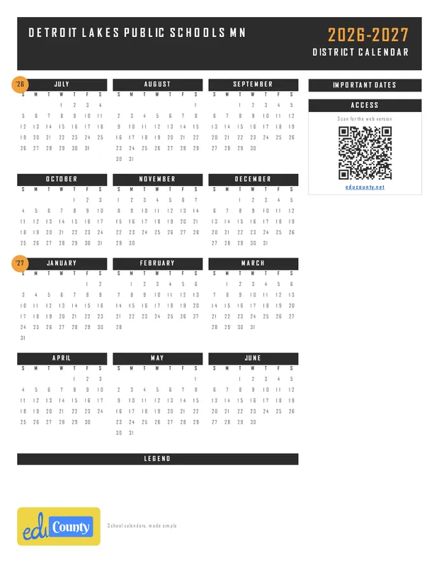 Detroit Lakes Public Schools printable 2026-27 calendar