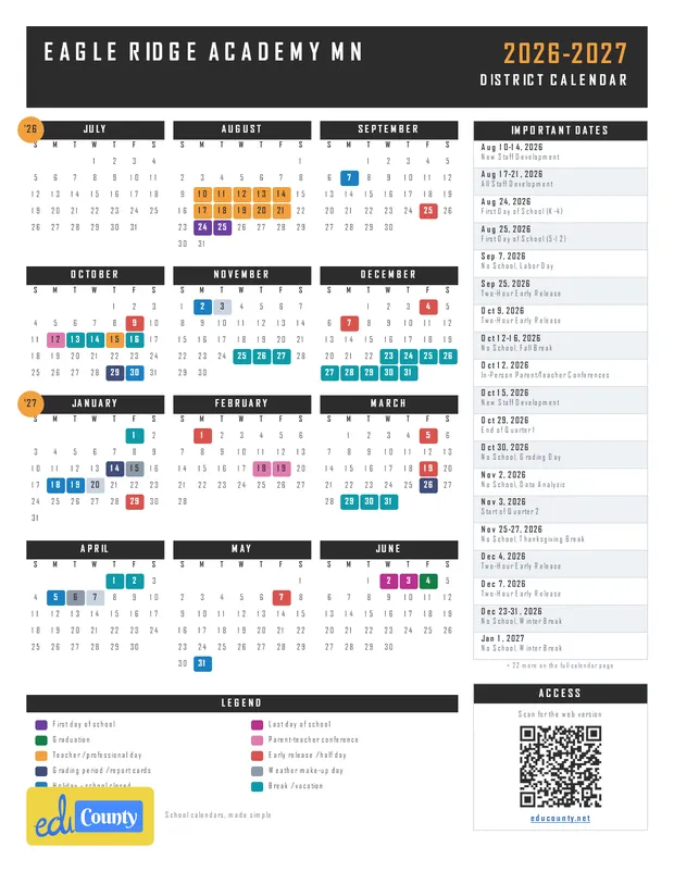 Eagle Ridge Academy printable 2026-27 calendar