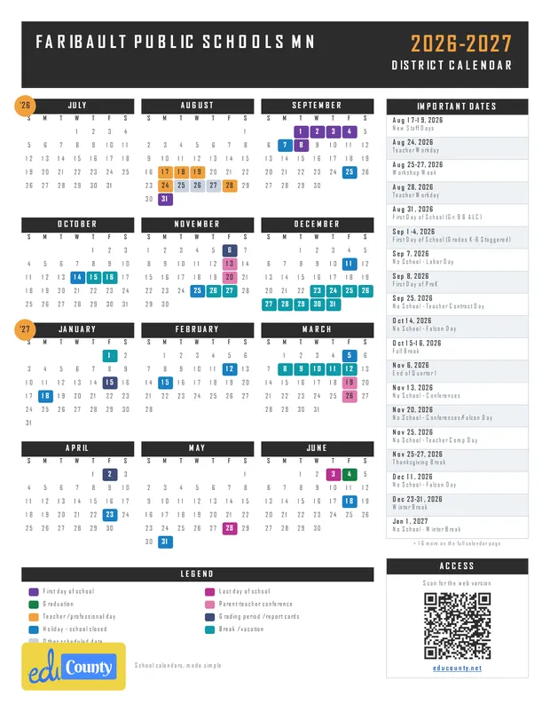 Faribault Public Schools printable 2026-27 calendar
