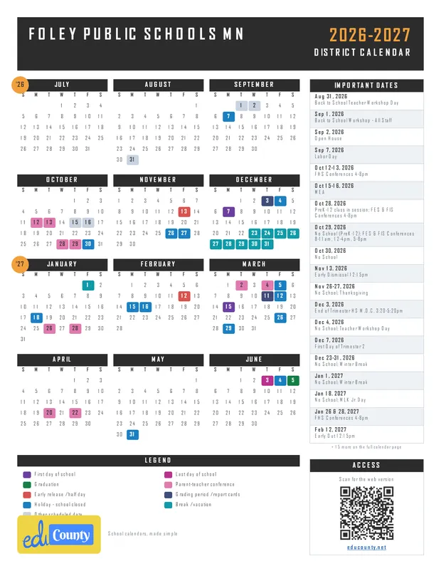 Foley Public Schools printable 2026-27 calendar