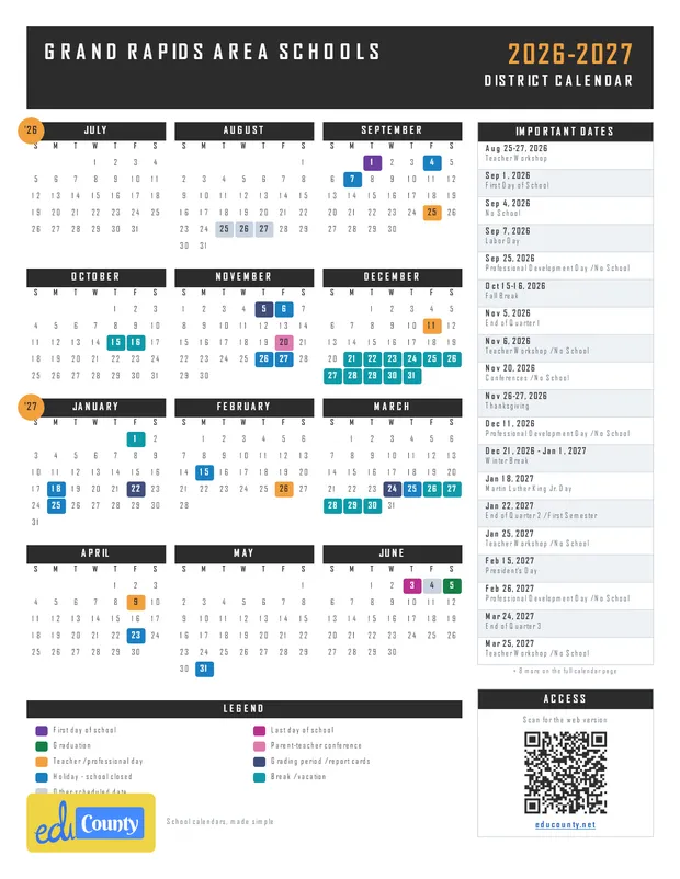 Grand Rapids Area Schools printable 2026-27 calendar