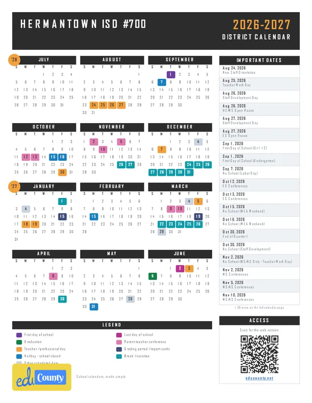 Hermantown ISD #700 printable 2026-27 calendar