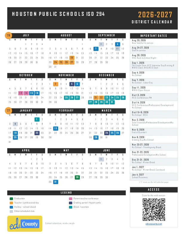 Houston Public Schools ISD 294 printable 2026-27 calendar