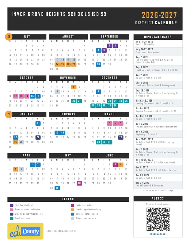 Inver Grove Heights Schools isd 99 printable 2026-27 calendar