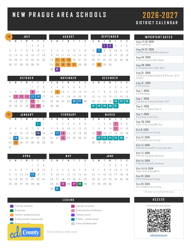New Prague Area Schools printable 2026-27 calendar