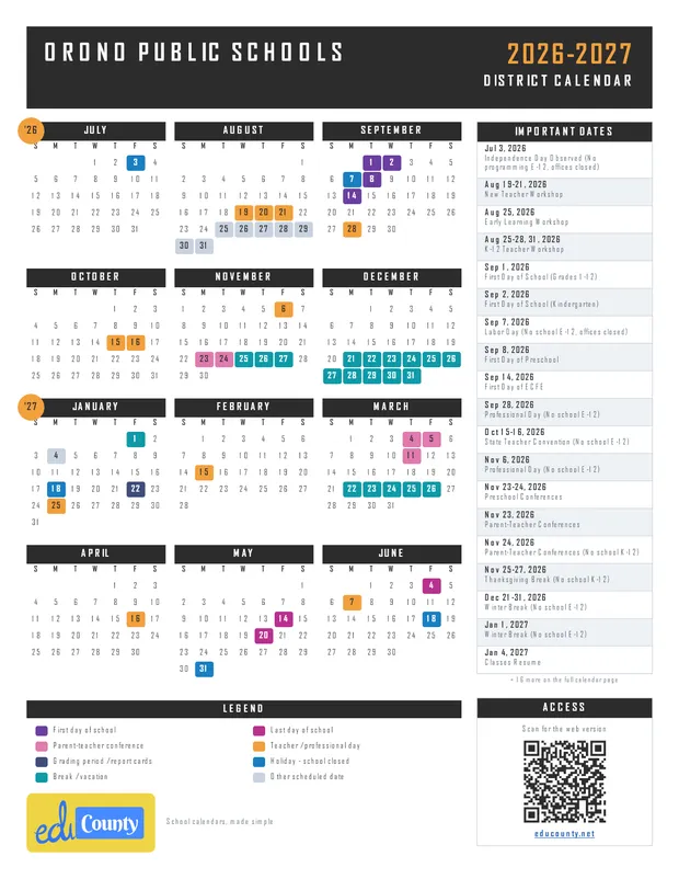 Orono Public Schools printable 2026-27 calendar