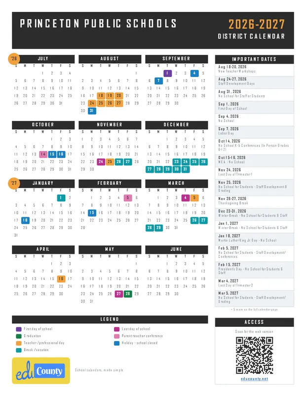 Princeton Public Schools printable 2026-27 calendar