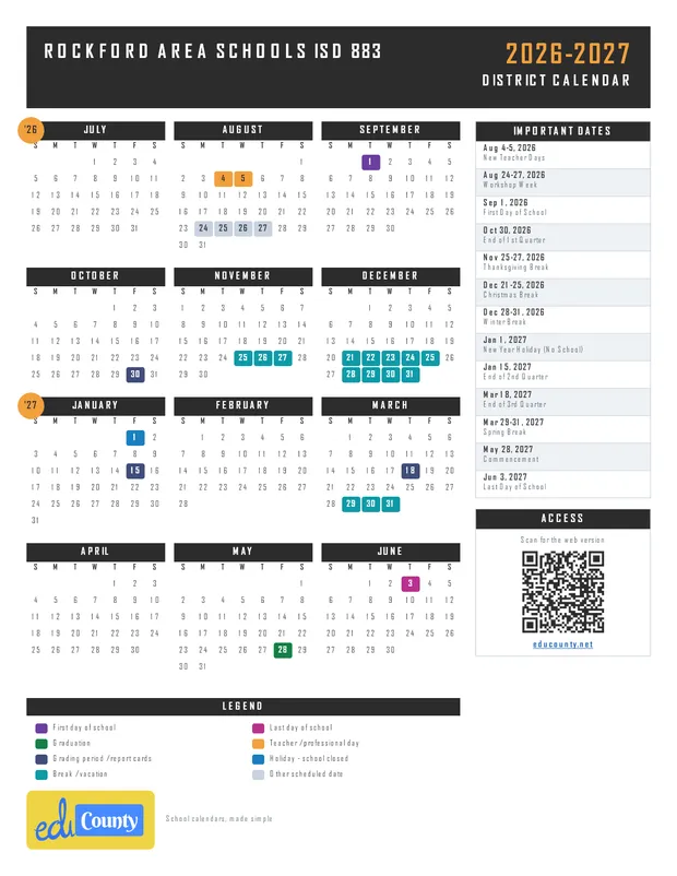 Rockford Area Schools ISD 883 printable 2026-27 calendar