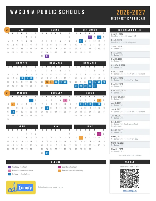 Waconia Public Schools printable 2026-27 calendar