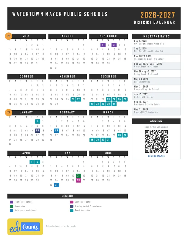 Watertown Mayer Public Schools printable 2026-27 calendar